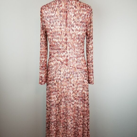 Vintage Nylon Mesh Long Sleeve Rust Allover Pattern Midi Dress Ladies Size Med - Picture 5 of 6